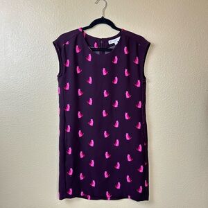 LOFT Plum Shift Cat Dress with Bright Pink Print FLAW